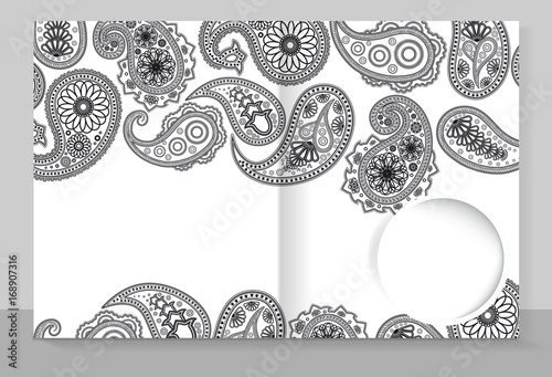 Template cover of a copybook with an trendy design: Paisley pattern. Vector illustration.