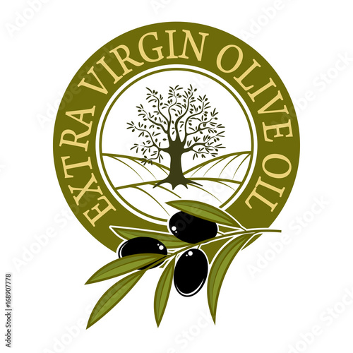 Olive oil emblem on white background. Design element for logo, label, emblem, sign. Vector illustration