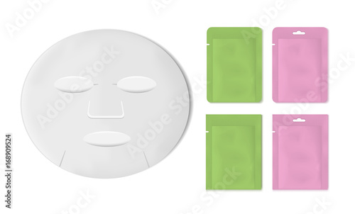 White empty plastic packaging with sheet mask. Blank foil or plastic sachet for food or medicines