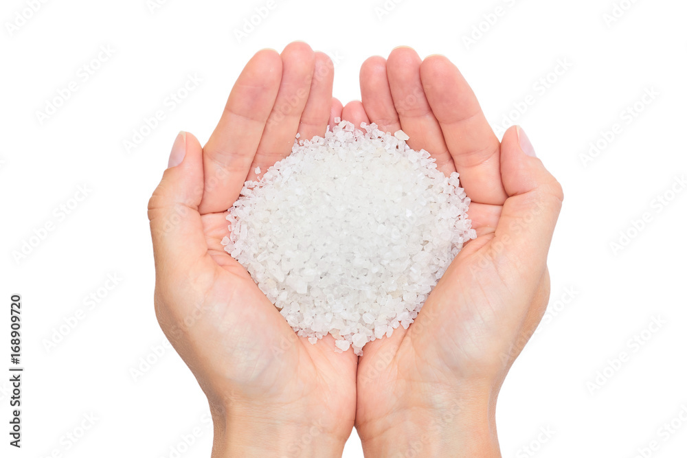 holding sea salt isolated on white background holding sea salt isolated on white background
