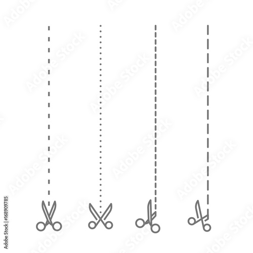 Different scissors with cut lines template. Vector elements collection