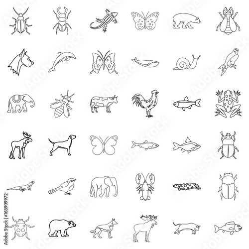 Wild life icons set, outline style