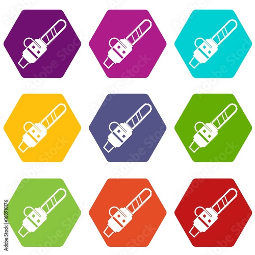 Gasoline powered chainsaw icon set color hexahedron