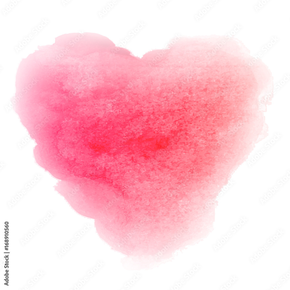Watercolor pink hand drawn paper texture isolated heart shaped stain on white background for valentines day. Abstract aquarelle vector illustration. Wet brush romantic painting.