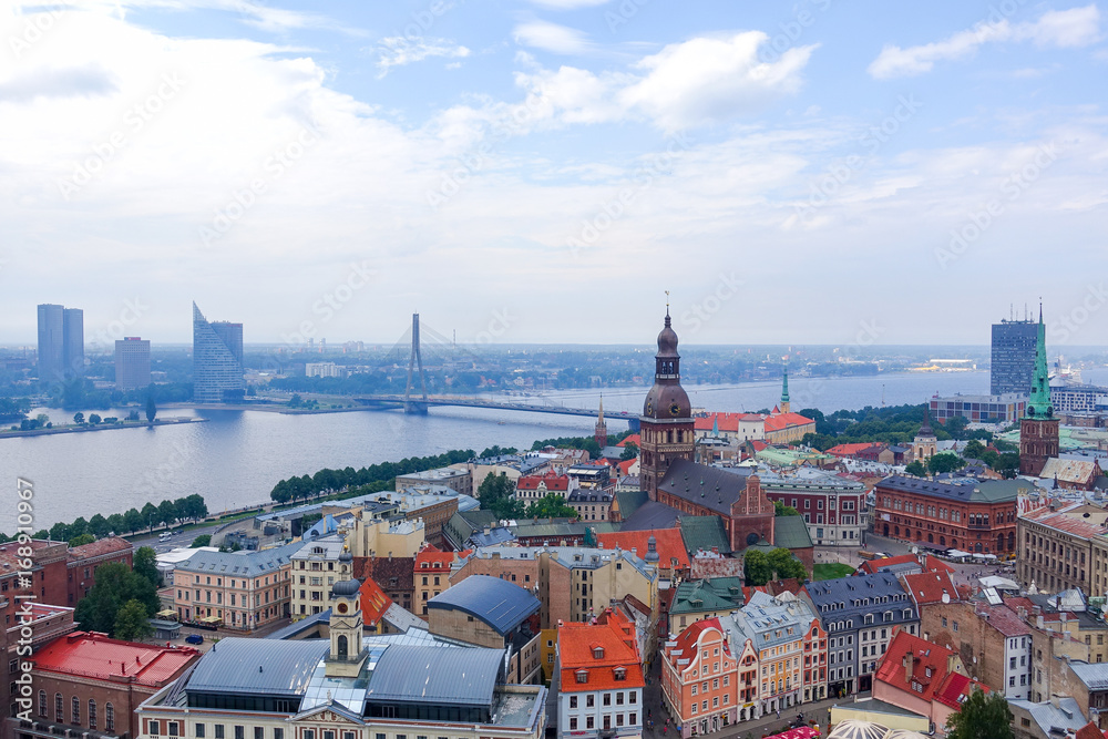 Aerial view of the old town and Vansu bridge with Daugava river from the tower of St. Peter's church in Summer, Riga Latvia