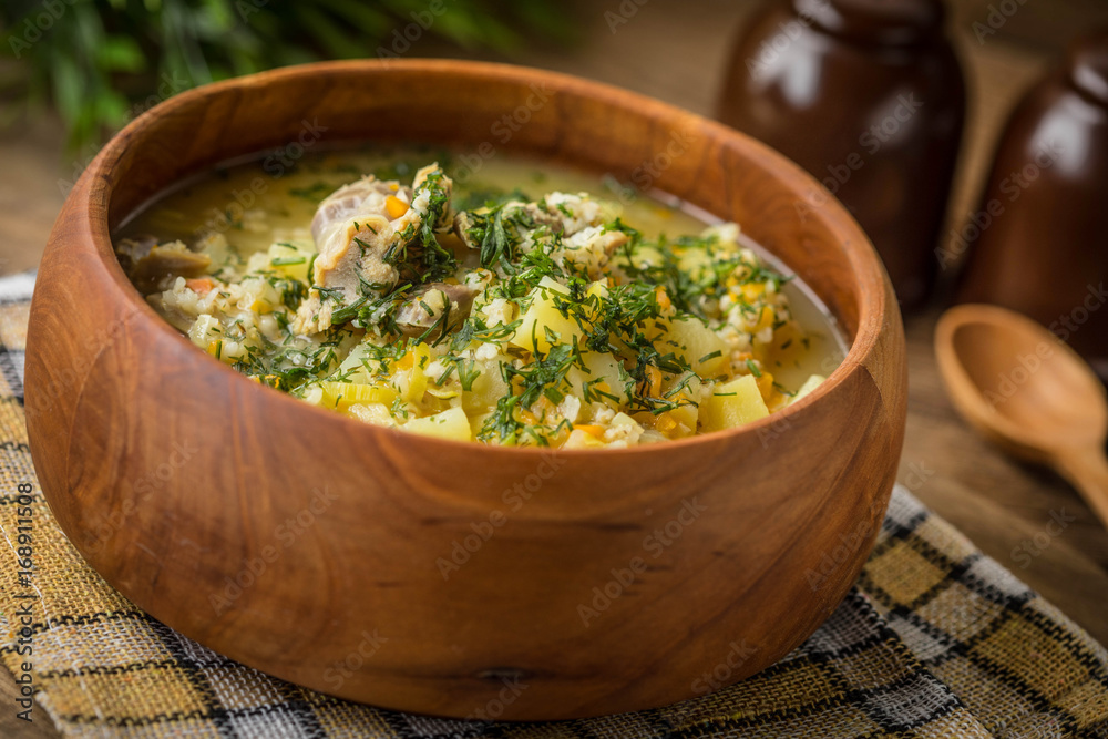 Soup with barley and chicken gizzards. Soup with barley and chicken gizzards.