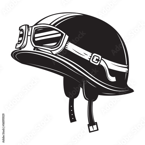 Racer helmet on white background. Design element for logo, label, emblem, sign. Vector illustration