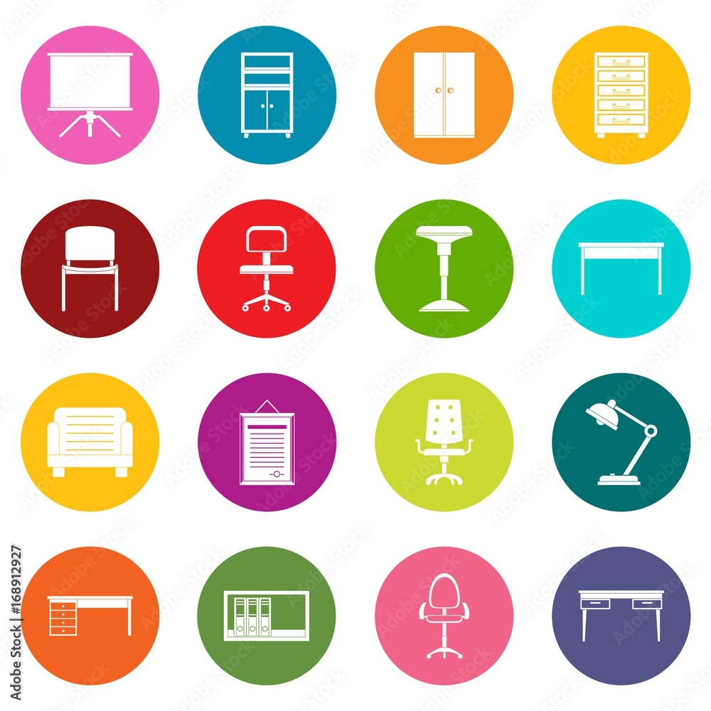 Office furniture icons many colors set