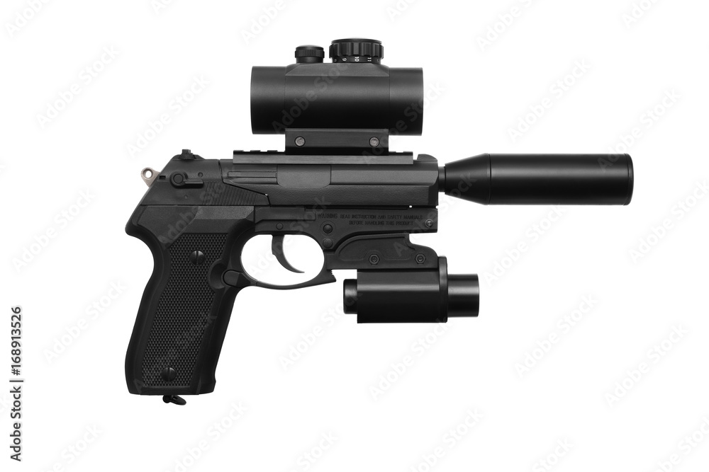 Black modern gun pistol with an optical sight and tactical flashlight isolated on white