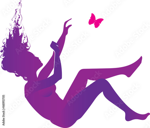 Fibromyalgia awareness. Purple  silhouette of a falling woman with purple awareness ribbon and butterfly - symbol of fibromyalgia, chronic pain and chronic fatigue syndrome, broken dreams