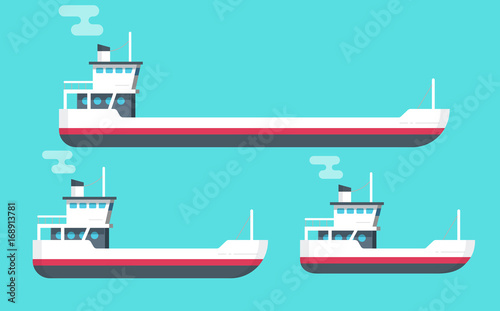 Boats vector illustration set, flat cartoon small and big transport ships, empty freight vessel and small ferry or fishing boat isolated