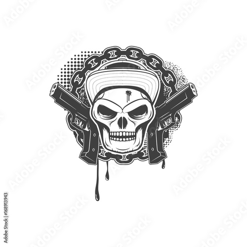 Gangster skull emblem on white background.  Vector illustration