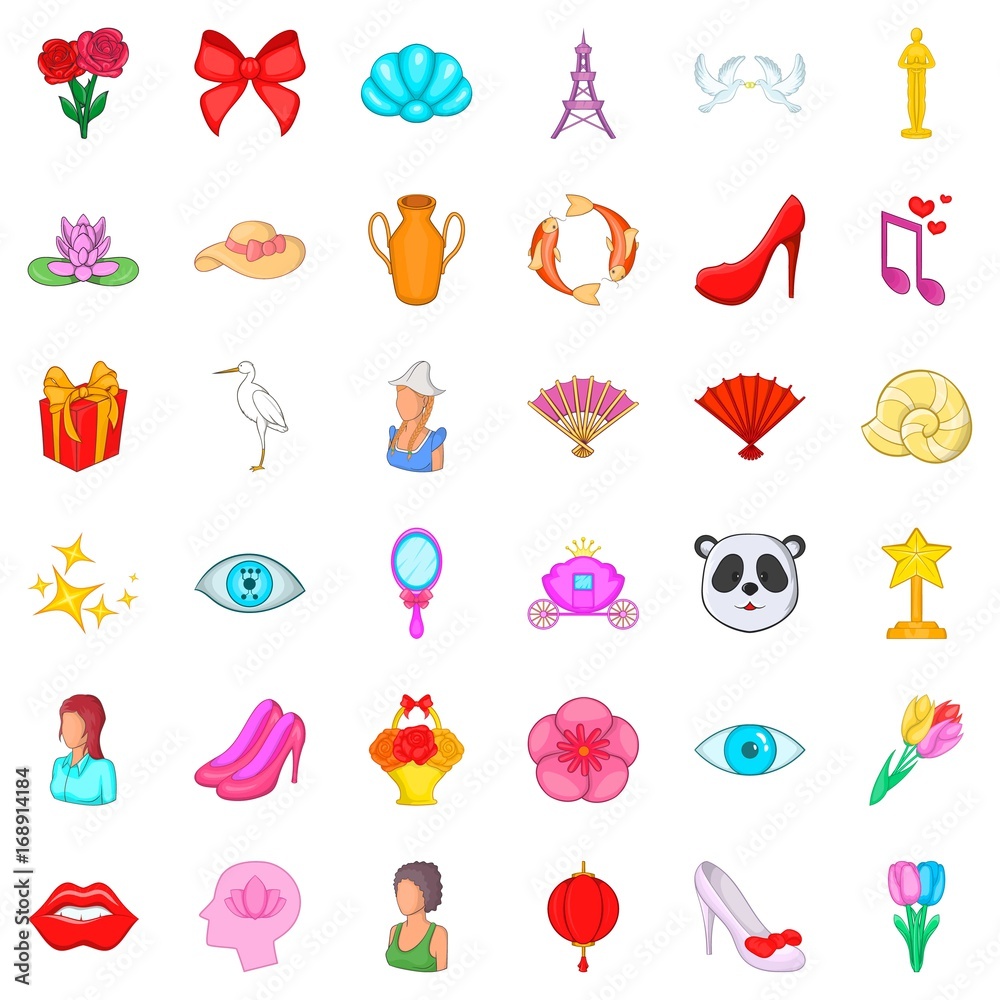 Woman product icons set, cartoon style Woman product icons set, cartoon style