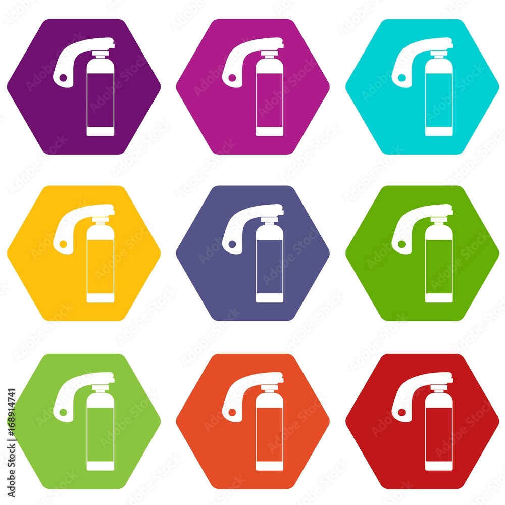 Fire extinguisher icon set color hexahedron Fire extinguisher icon set color hexahedron