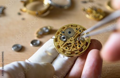 watch maker is repairing a vintage automatic watch.