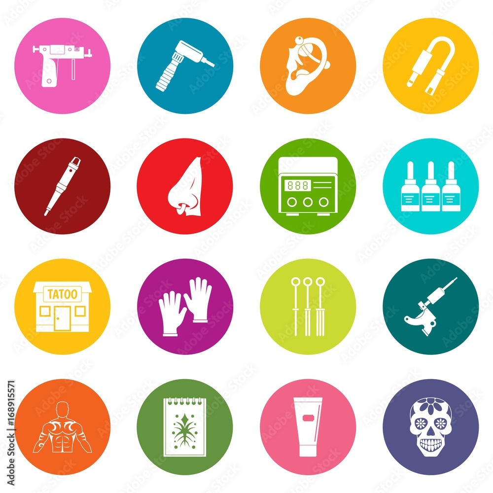 Fototapeta premium Tattoo parlor icons many colors set