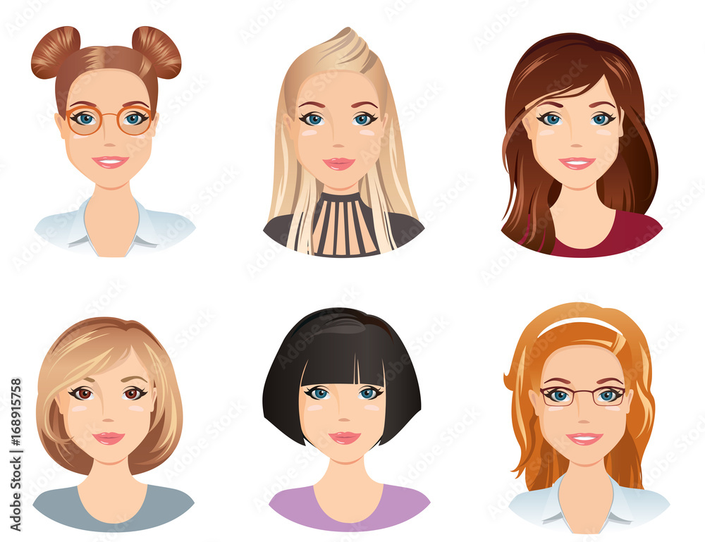 Different hairstyles, female, for the girl, young adult, woman, set 5, / flat design, vector illustration Different hairstyles, female, for the girl, young adult, woman, set 5, / flat design, vector illustration