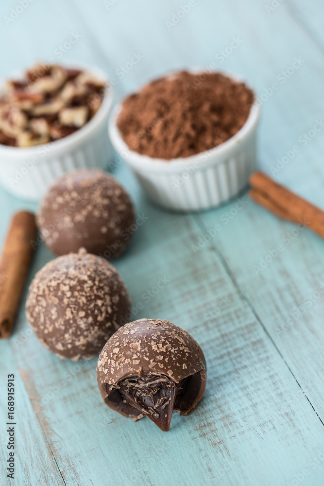 Chocolate Truffles with Cinnamon Sticks and Cocoa Powder and Nuts Chocolate Truffles with Cinnamon Sticks and Cocoa Powder and Nuts