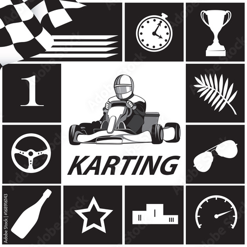 Karting Infographic in black and white, Kart, icons, racer. Flat design, vector