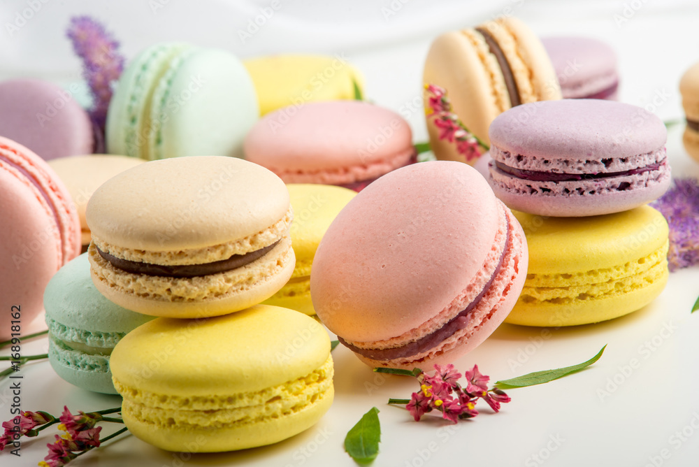 Colorful macarons with leaves and red flowers on a white background. French delicate dessert Colorful macarons with leaves and red flowers on a white background. French delicate dessert