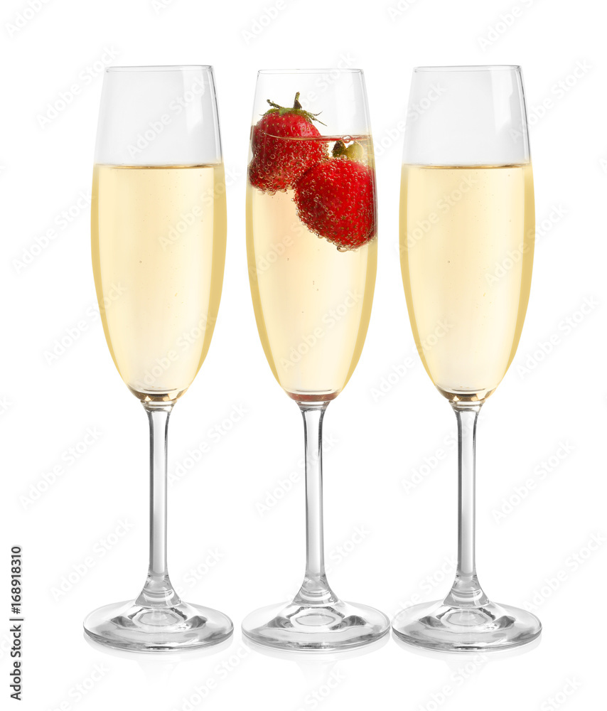Glasses of delicious wine with strawberry on white background Glasses of delicious wine with strawberry on white background