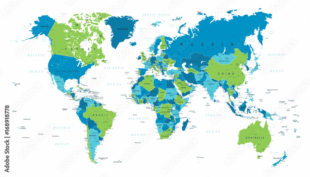Fototapeta Światowej mapy Polityczny Błękitny Zielony wektor