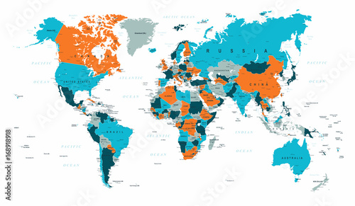 Fototapeta Naklejka Na Ścianę i Meble -  World Map Political Blue Orange Vector