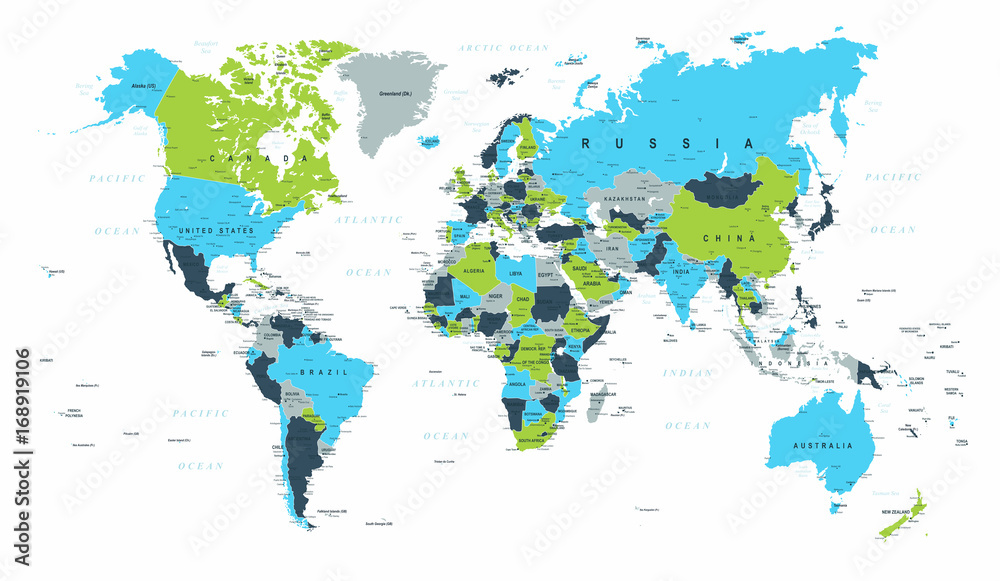 World Map Political Blue Green Brown Vector