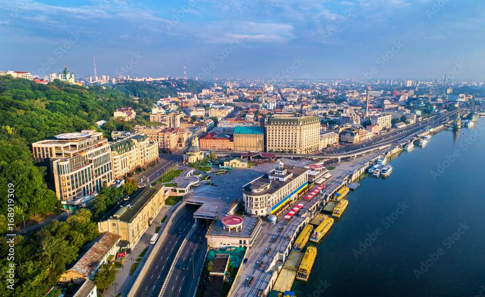 Aerial view of River Port, Podil and Postal Square in Kiev, Ukraine