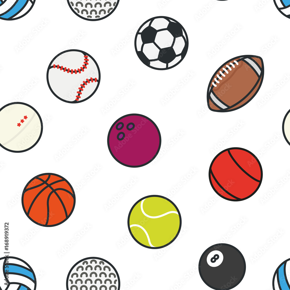 Seamless Pattern Sports Balls Minimal Color Flat Line Vector Icon Set. Soccer, Football, Tennis, Golf, Bowling, Basketball, Hockey, Volleyball, Rugby, Pool, Baseball, Ping Pong