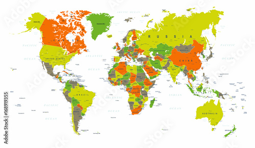 Fototapeta Naklejka Na Ścianę i Meble -  World Map Political Green Orange Vector