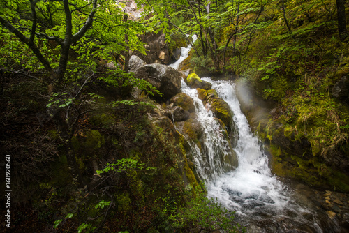 A small cascading waterfall in the mountains. Shevelev.
