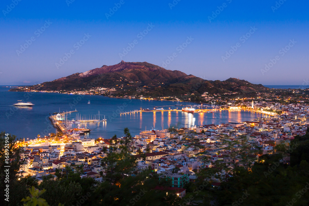 Aerial night view of Zakynthos city in  Zante island, in Greece