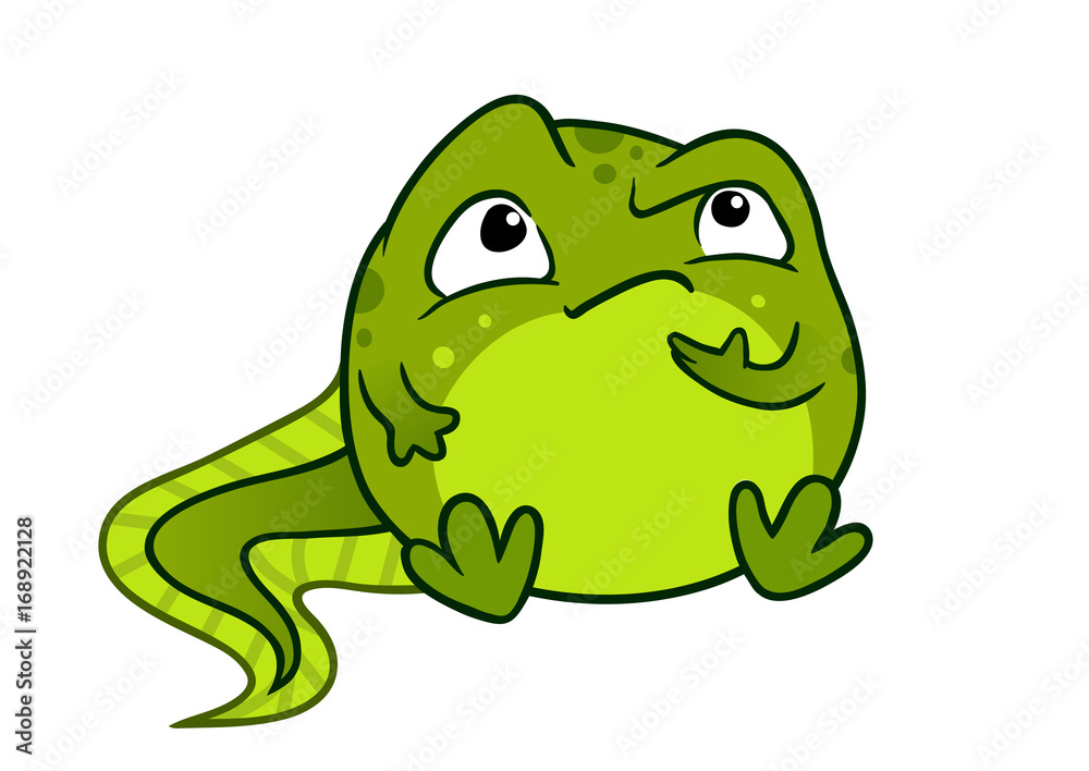Naklejka premium Vector cartoon illustration of cute green baby tadpole frog character, sitting and thinking with hand on chin, isolated on white background.