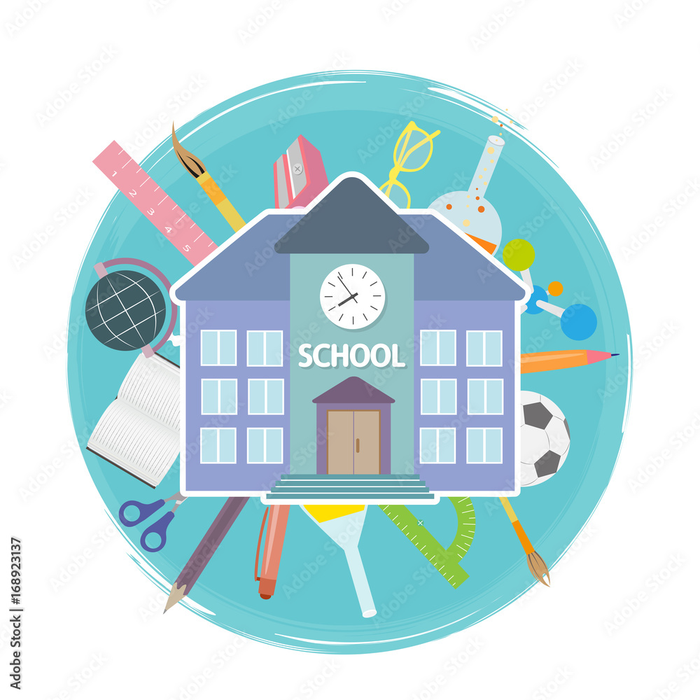 Icon school building and school supplies