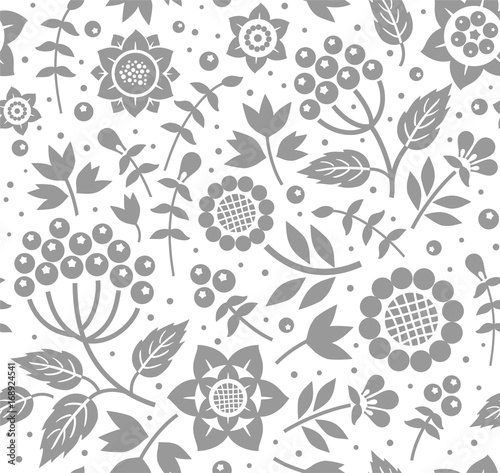 Berries and twigs, decorative background, seamless, white and gray vector. Grey twigs with berries and flowers on white background. Floral seamless pattern. 