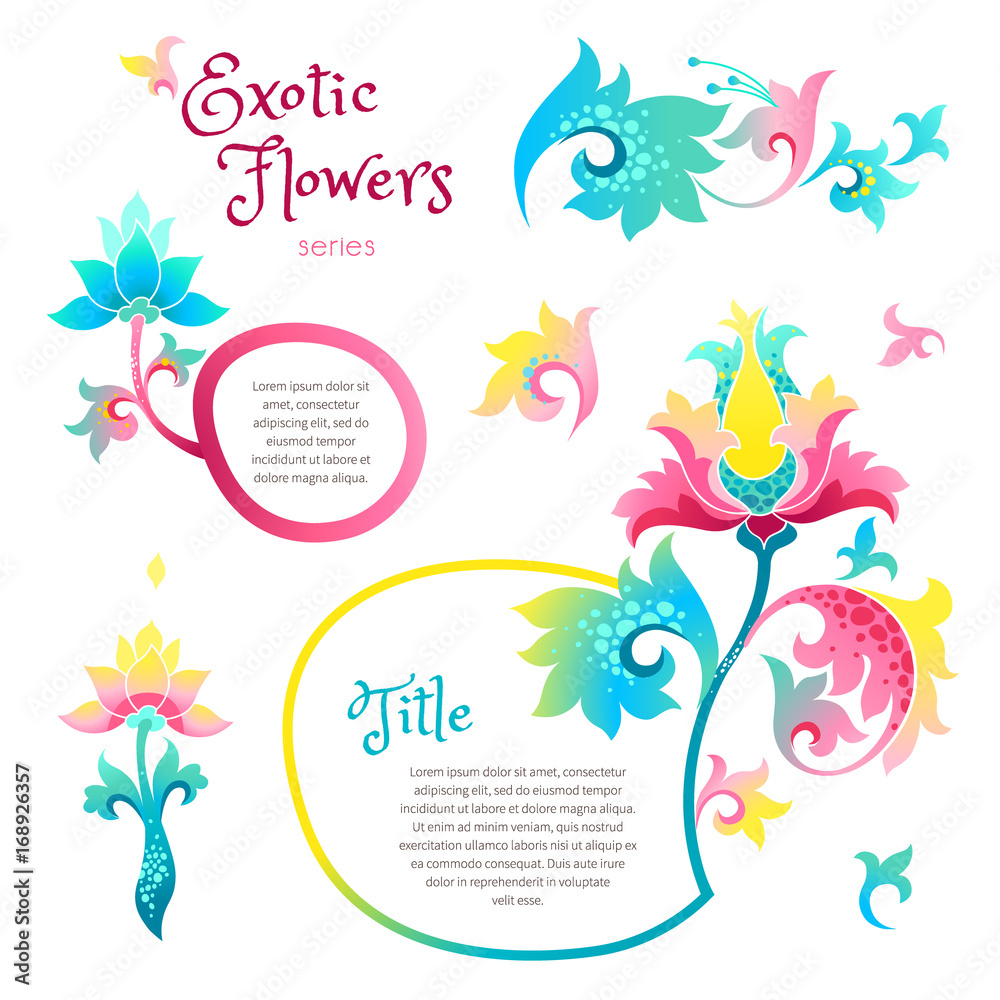 Vector set with exotic flowers in Chinese style.