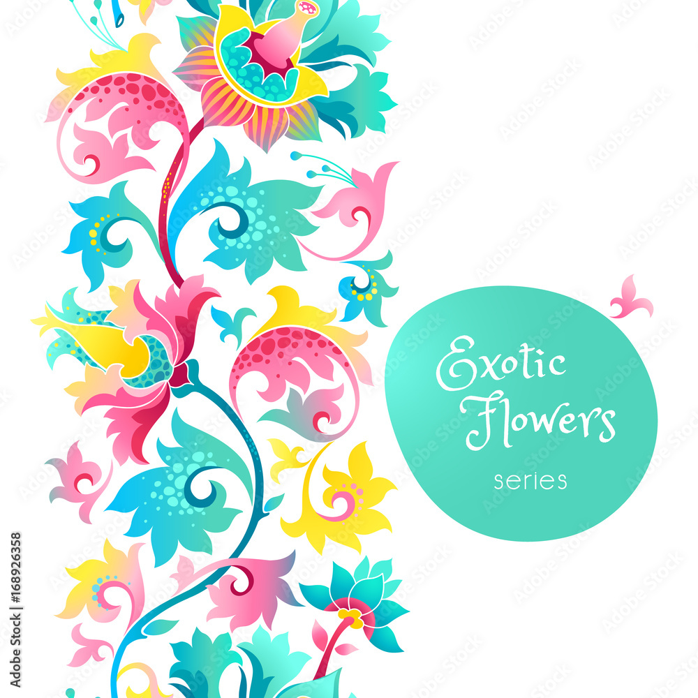 Vector border with exotic flowers in Chinese style.