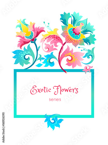 Vector square frame with exotic flowers.