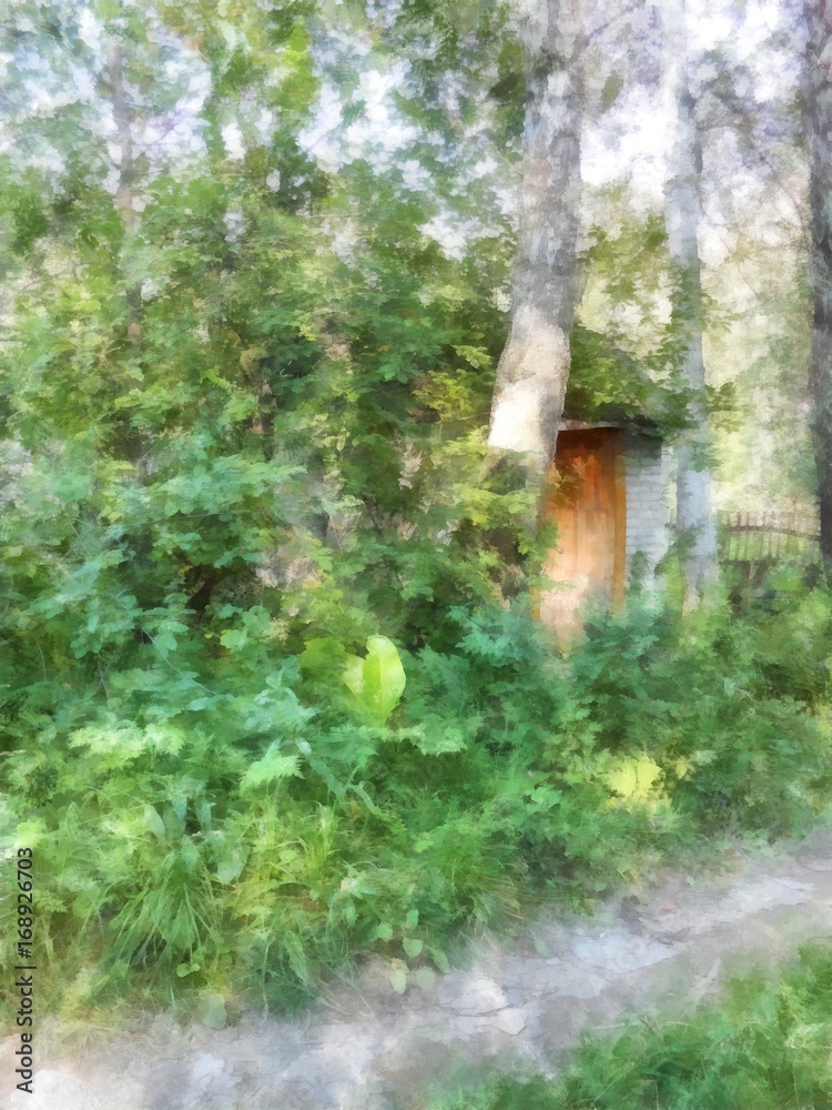 A cozy wooden house hid in thickets of hops A cozy wooden house hid in thickets of hops