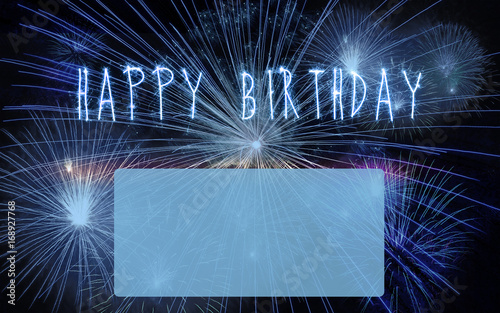 Canvas Print Happy birthday fireworks greeting with light blue space for text.