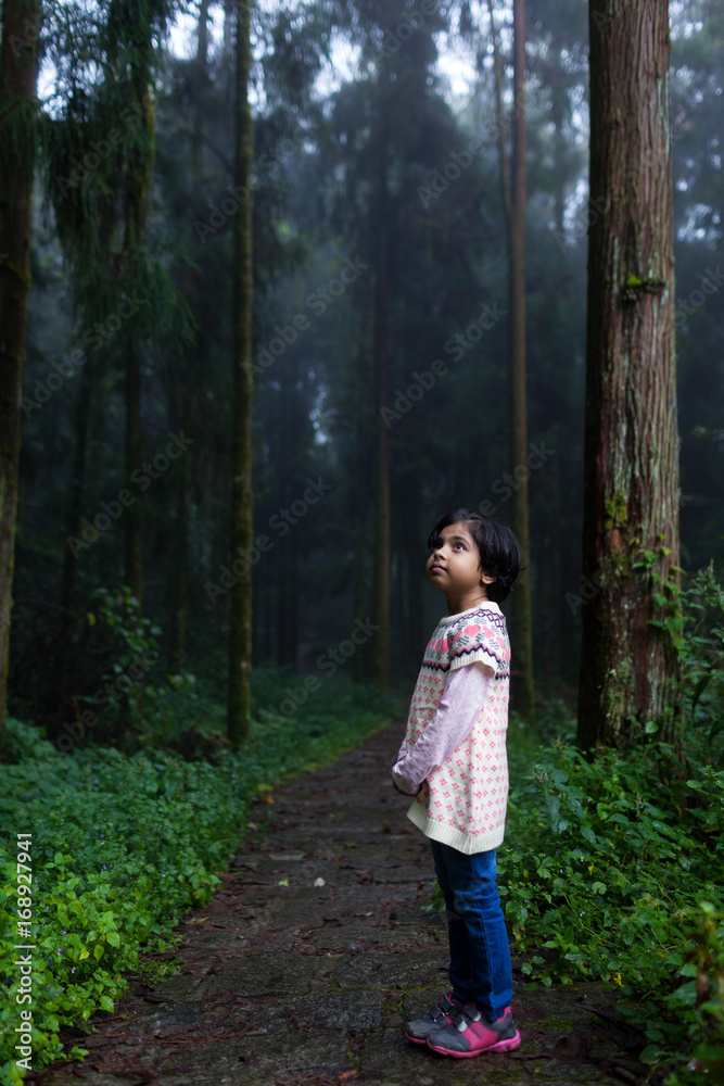 Cute little girl standing alone in the forest Cute little girl standing alone in the forest