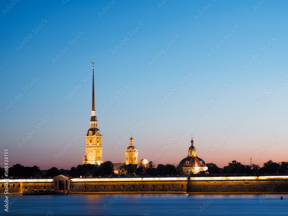 Peter and Paul Fortress at night. Season of white nights. Saint-Petersburg, Russia Peter and Paul Fortress at night. Season of white nights. Saint-Petersburg, Russia