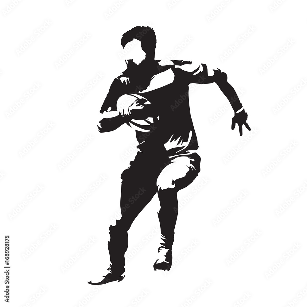 Rugby player running with ball, abstract vector silhouette, front view