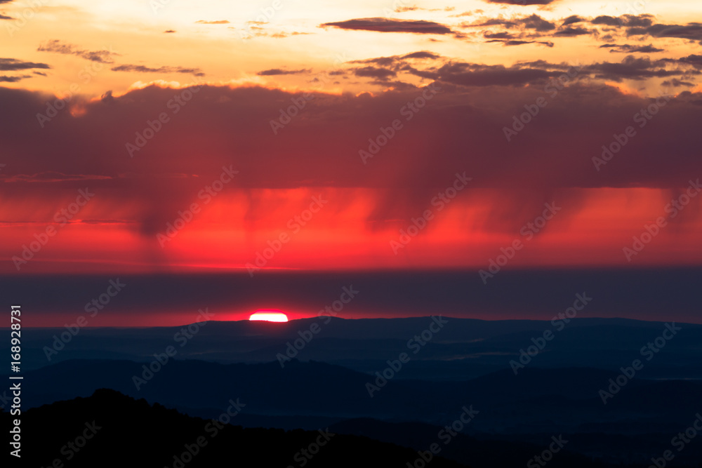 Sunrise and Rain over Virginia. Shenandoah National Park.