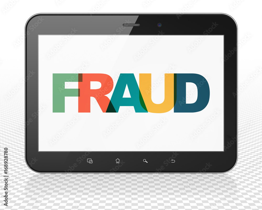 Privacy concept: Tablet Pc Computer with Fraud on display Privacy concept: Tablet Pc Computer with Fraud on display