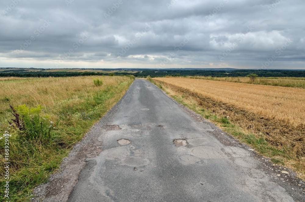 Cloudy summer landscape. Asphalt road in rural scenery. Cloudy summer landscape. Asphalt road in rural scenery.