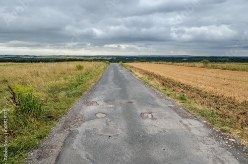 Cloudy summer landscape. Asphalt road in rural scenery.