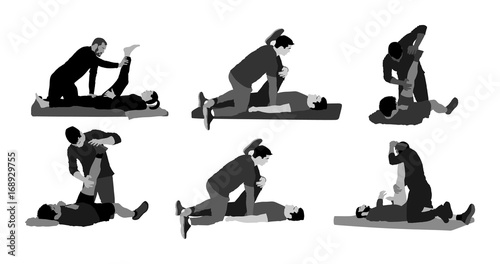 Physiotherapist and patient exercising in rehabilitation center, vector silhouette illustration. Doctor supports sportsman during physiotherapy treatment. Physical exercises massage and chiropractic