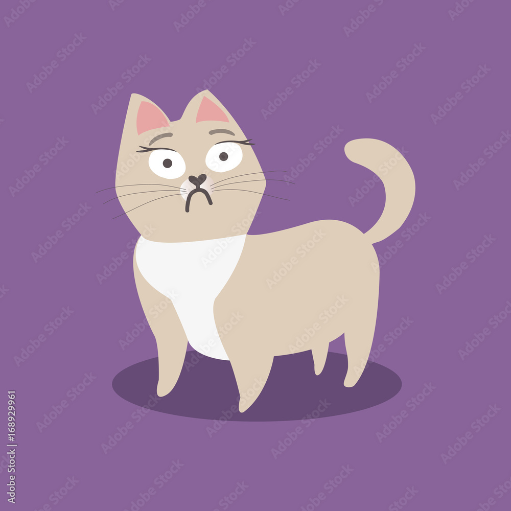 Scared little beige cat on violet background. Vector illustration.